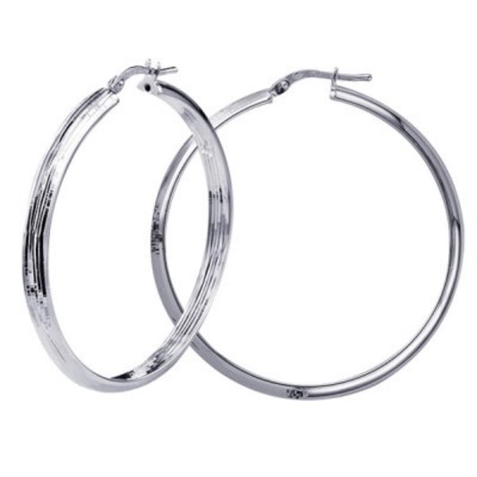 Sterling Silver 40mm Large Half Round Faceted Hoop Earrings