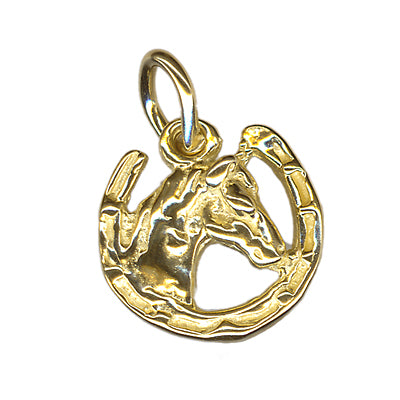 Genuine 9ct Yellow or Rose Gold Small Horse-head in Horseshoe Pendant or Charm