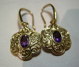 Genuine Heavy 9ct 9K Solid Yellow, Rose or White Gold Antique Amethyst Filigree Drop Earrings