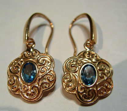 9ct 9k Solid Rose Gold Antique Blue Topaz Filigree Earrings