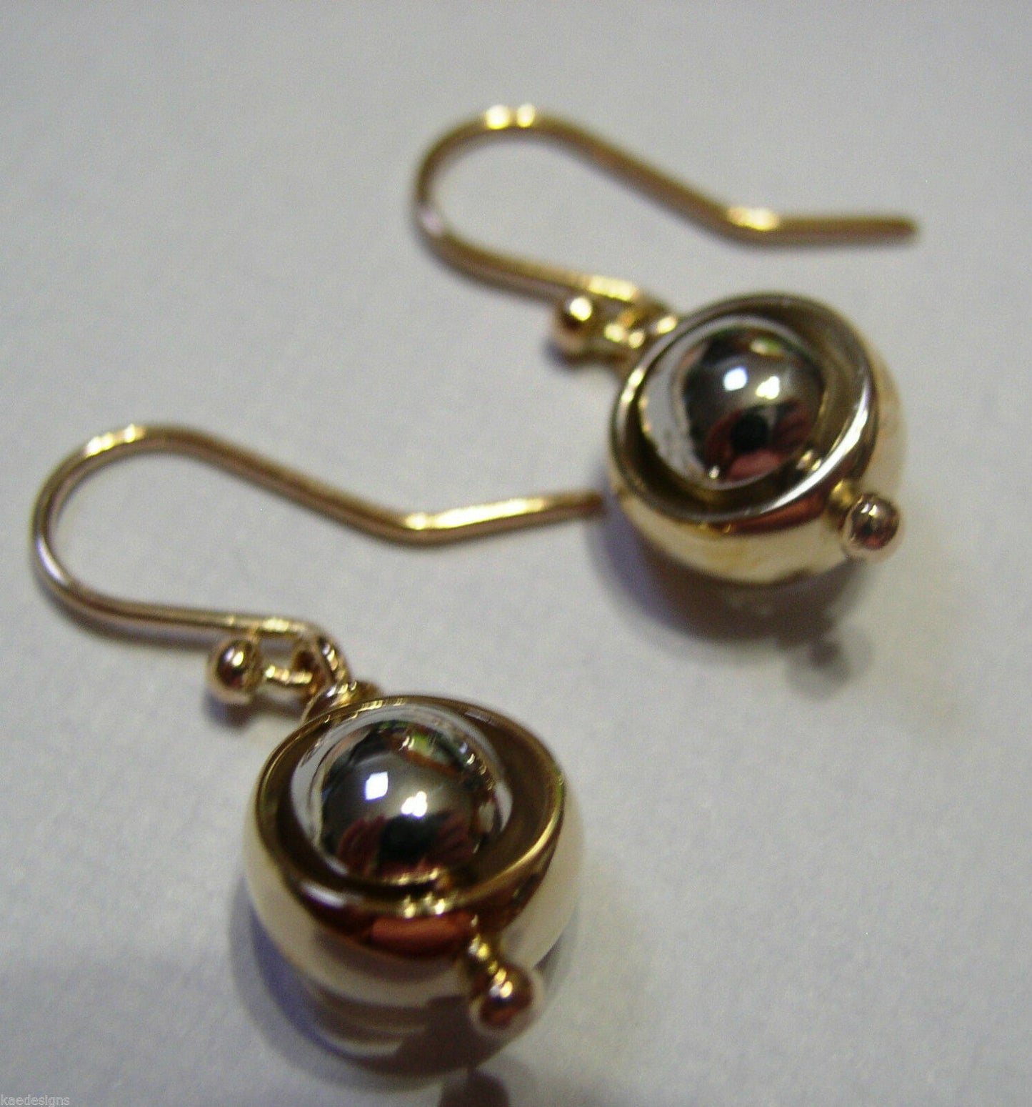 Genuine 9ct 9kt White & Yellow Gold Spinning Belcher Ball Drop Earrings