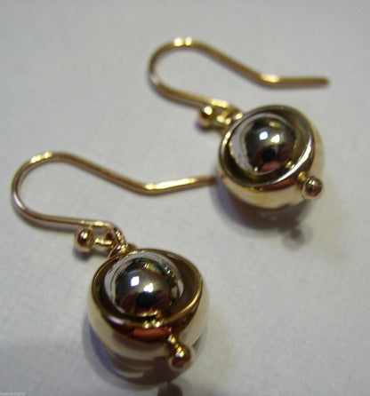 Genuine 9ct 9kt White & Yellow Gold Spinning Belcher Ball Drop Earrings