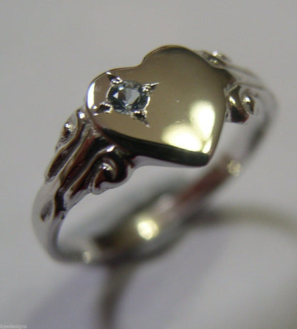 Genuine Solid 9ct White Gold Heart Aquamarine Set Signet Ring March Birthstone