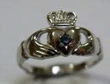 Genuine 9ct White Gold Ceylon Sapphire (Birthstone Of September) Claddagh Ring