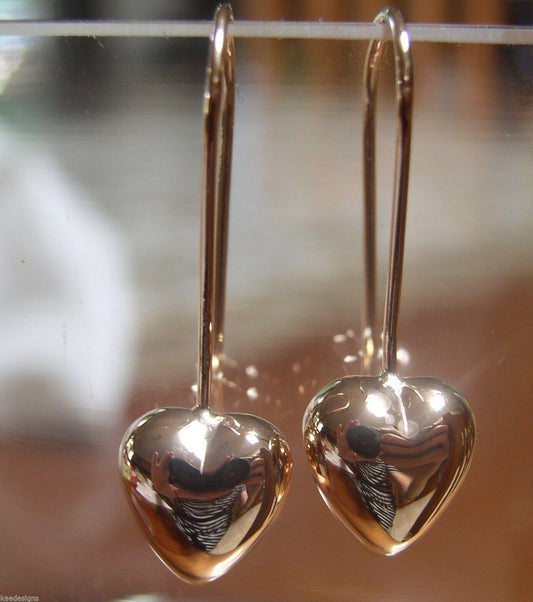 Kaedesigns New 9ct 9k Yellow, Rose or White Gold Dangle Puffed Heart Long Hooks Earrings