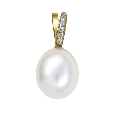 Genuine 9ct Yellow Gold Freshwater Cultured Pearl White CZ Pendant