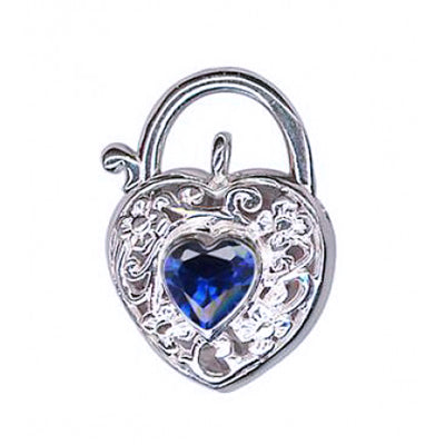 Sterling Silver Filigree Sapphire Cubic Zirconia Heart Padlock Pendant 15mm