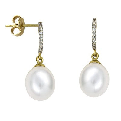 Genuine 9ct Yellow Gold Freshwater Cultured Pearl White CZ Drop Studs