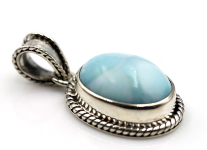 Sterling Silver Solid Oval Cabochon Larimar Blue Cabochon Pendant