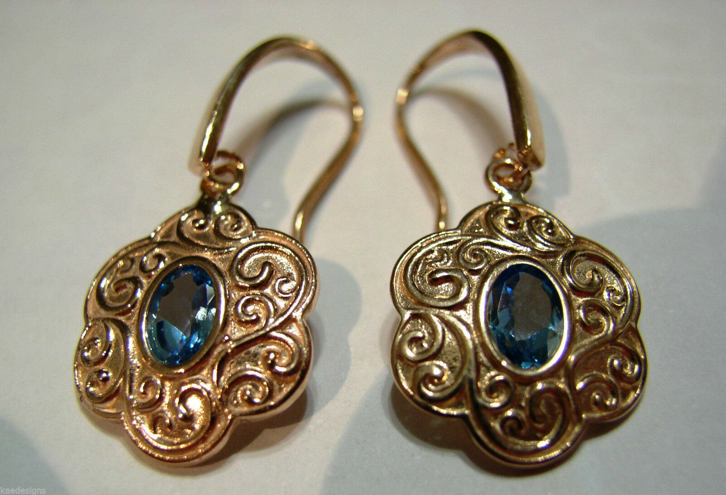 9ct 9k Solid Rose Gold Antique Blue Topaz Filigree Earrings