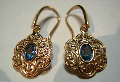 9ct 9k Solid Rose Gold Antique Blue Topaz Filigree Earrings