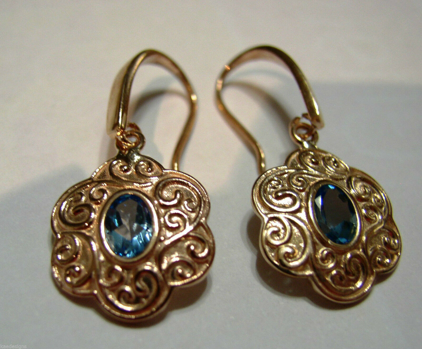 9ct 9k Solid Rose Gold Antique Blue Topaz Filigree Earrings