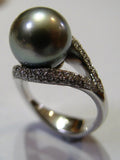Size K Genuine 18ct 18K Solid White Gold 11mm Tahitian Pearl & Diamond Ring