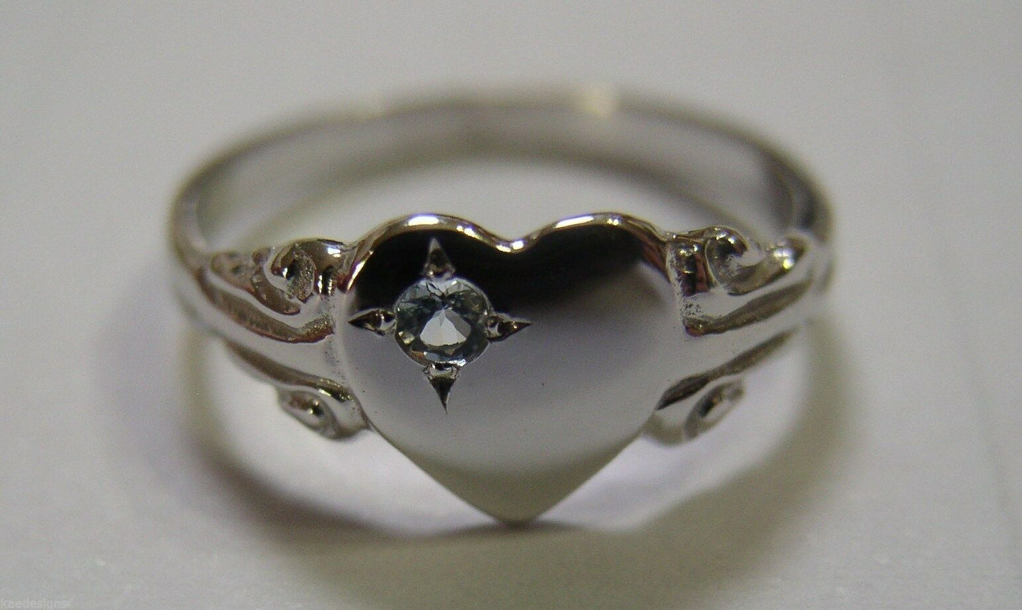 Genuine Solid 9ct White Gold Heart Aquamarine Set Signet Ring March Birthstone