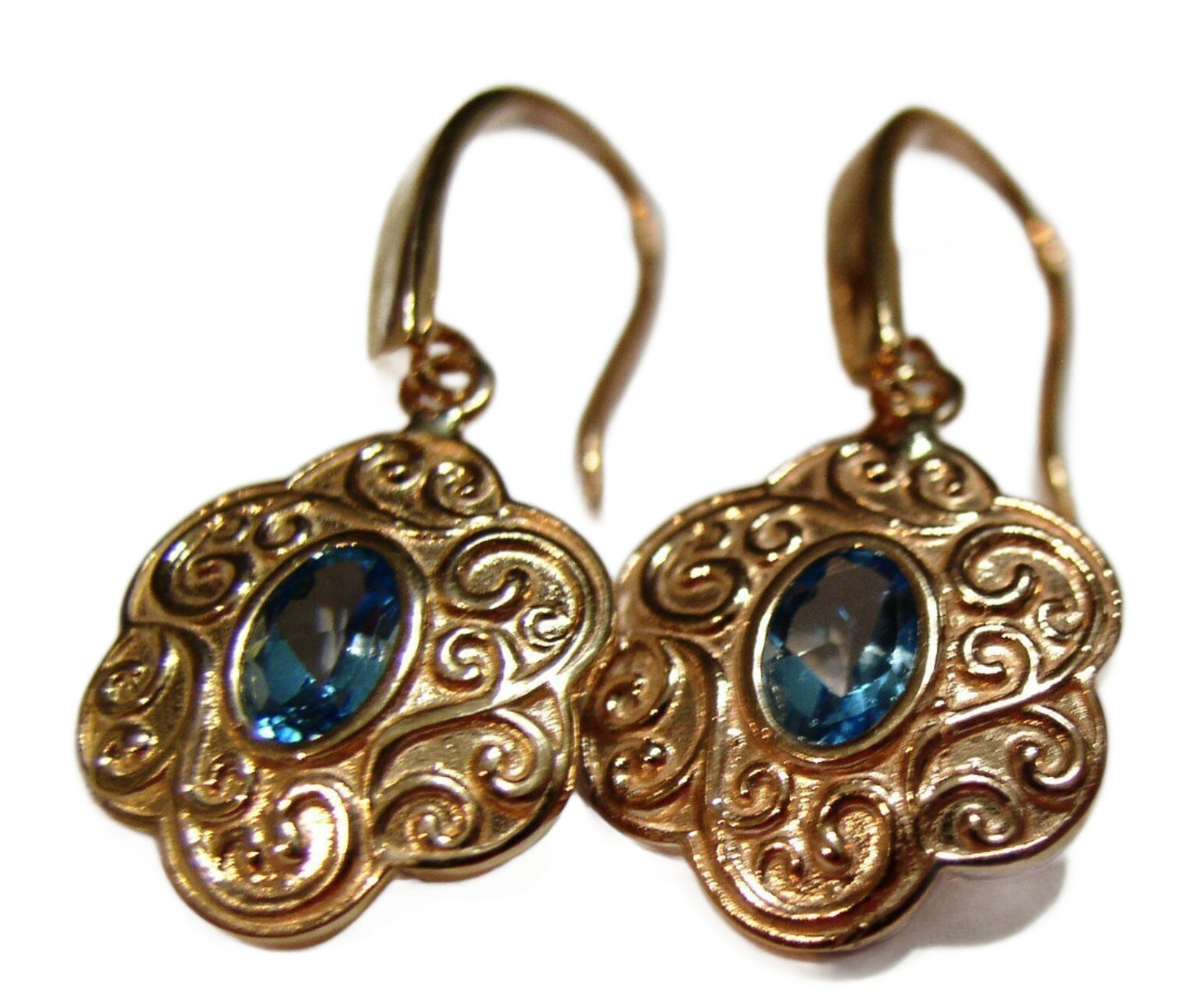 9ct 9k Solid Rose Gold Antique Blue Topaz Filigree Earrings