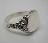 Size M Genuine Large Mens 9ct White Gold Square Engraved Signet Ring