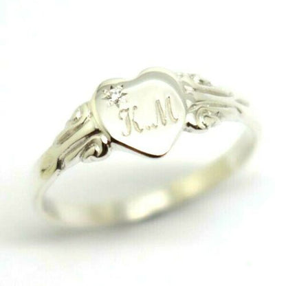 Sterling Silver 925 Heart Diamond Set Signet Ring Size N Engraved With 2 Initial