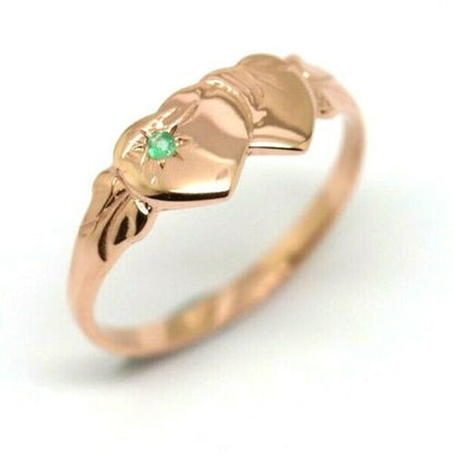 Size N Genuine 9ct Yellow, Rose or White Gold Emerald (Birthstone Of May)Double Heart Signet Ring