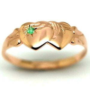 Size N Genuine 9ct Yellow, Rose or White Gold Emerald (Birthstone Of May)Double Heart Signet Ring