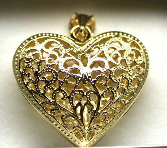 Kaedesigns, Genuine 9ct 9k Huge Large Yellow, Rose or White Gold Filigree Heart Pendant