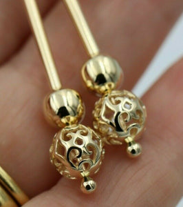 Genuine 9ct 9kt Yellow, Rose or White Gold Spinning 6mm Plain + 8mm Filigree Ball 50mm Drop Earrings
