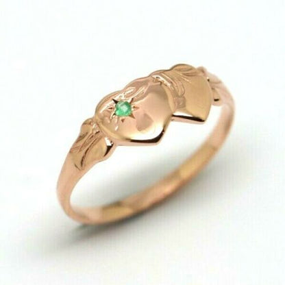 Size N Genuine 9ct Yellow, Rose or White Gold Emerald (Birthstone Of May)Double Heart Signet Ring