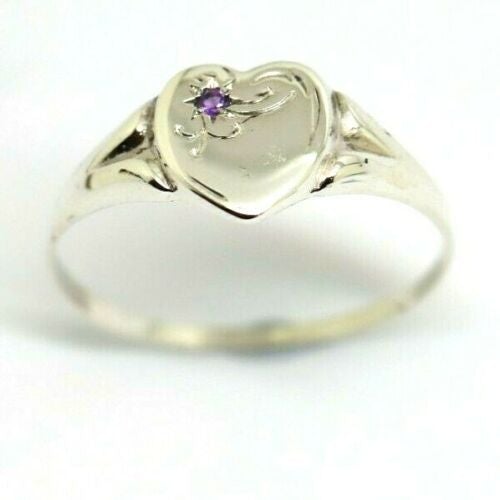 Size S Genuine Large Sterling Silver Heart Set with Amethyst Signet Ring 265