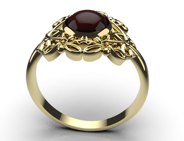 Size R - Genuine 9ct Yellow, Rose or White Gold Round Red Cabochon Garnet Fancy Filigree Ring