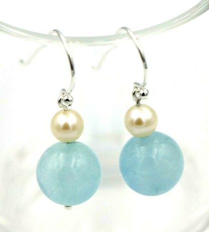 Sterling Silver Freshwater Cultured Pearl & Natural Aquamarine Hook Earrings