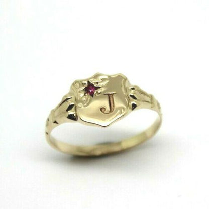 Genuine 9ct Small Yellow, Rose or White Gold Childs Ruby Shield Signet Ring + engraving of 1 initial