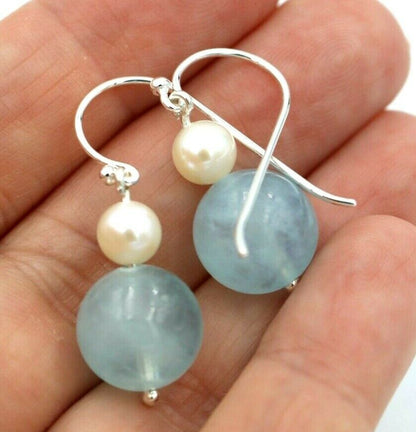 Sterling Silver Freshwater Cultured Pearl & Natural Aquamarine Hook Earrings