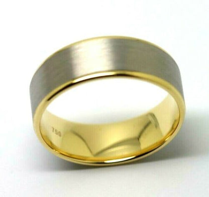 18ct Hallmarked 750 Heavy Yellow & White Gold Solid Mens Brushed Wedding Band