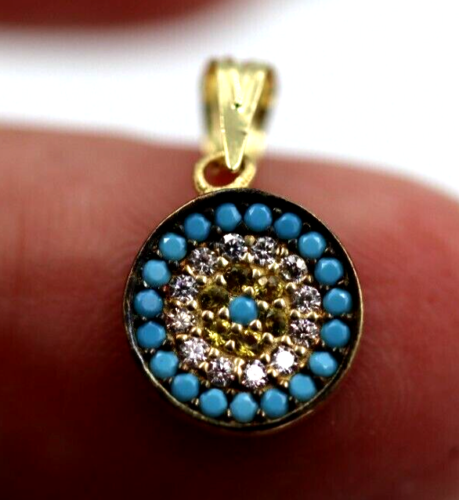 Genuine 14ct Yellow Gold CZ Small Round Greek Mati Evil Eye Turquoise Pendant Reversible