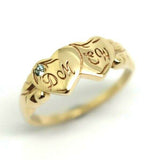 Genuine 9ct 9k Yellow, Rose or White Gold Double Heart Blue Topaz Birthstone Signet Ring + Engraving