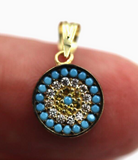 Genuine 14ct Yellow Gold CZ Small Round Greek Mati Evil Eye Turquoise Pendant Reversible