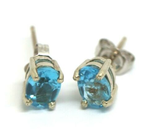 9ct White Gold Genuine Natural Oval Blue Topaz Stud Earrings