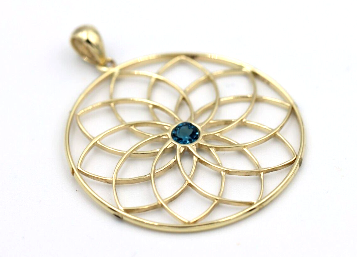 Genuine 9k 9ct Yellow, Rose or White Gold Flower of Life Pendant Set London Blue Topaz