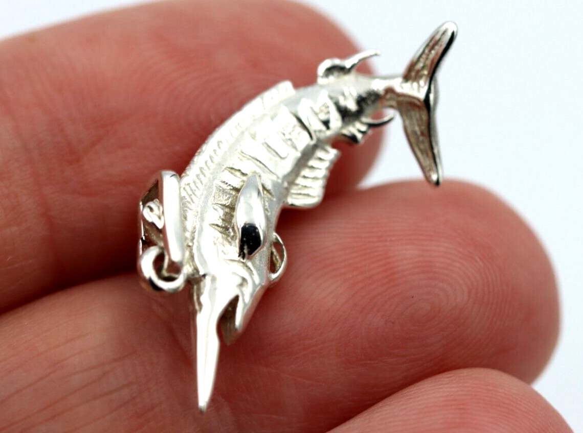 Genuine Sterling Silver Large Marlin Solid Pendant Charm