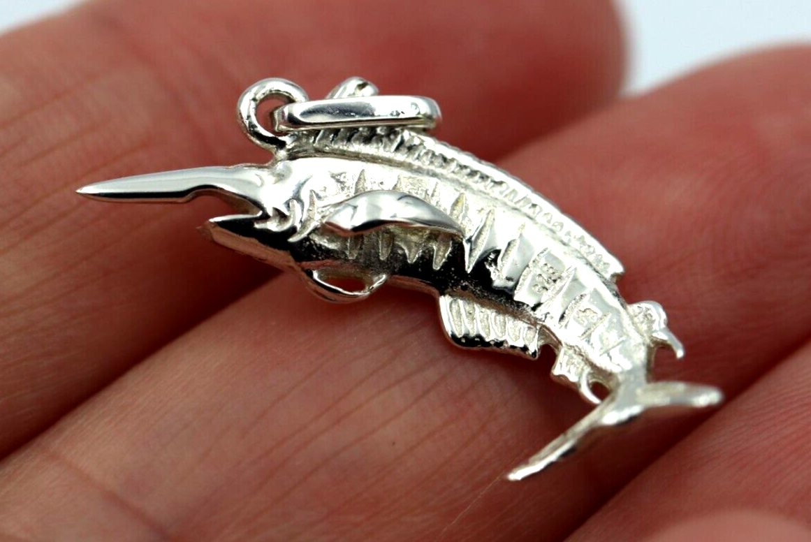 Genuine Sterling Silver Large Marlin Solid Pendant Charm