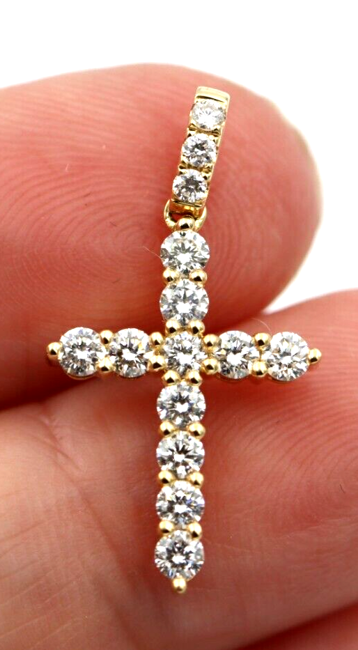 0.699cts Genuine 18ct 750 Yellow Gold Round Diamond Cross Pendant -Free post