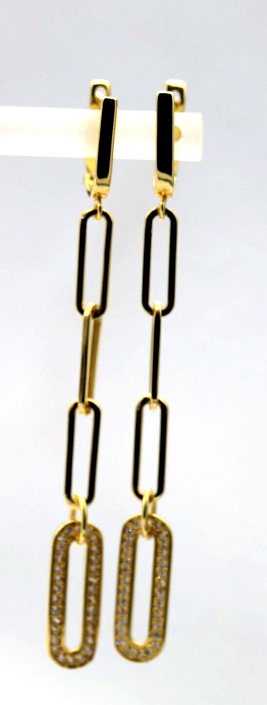 Genuine 14ct Yellow Gold Paper Clip Hook Cubic Zirconia Earrings - Last pair!