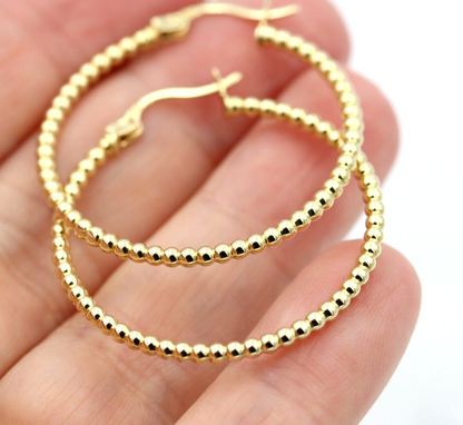 Genuine New 14ct Yellow Gold Beaded Hoop Hollow Earrings