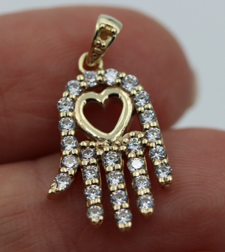 Genuine 9ct Gold Heart Hamsa Pendant with Cubic Zirconia/CZ