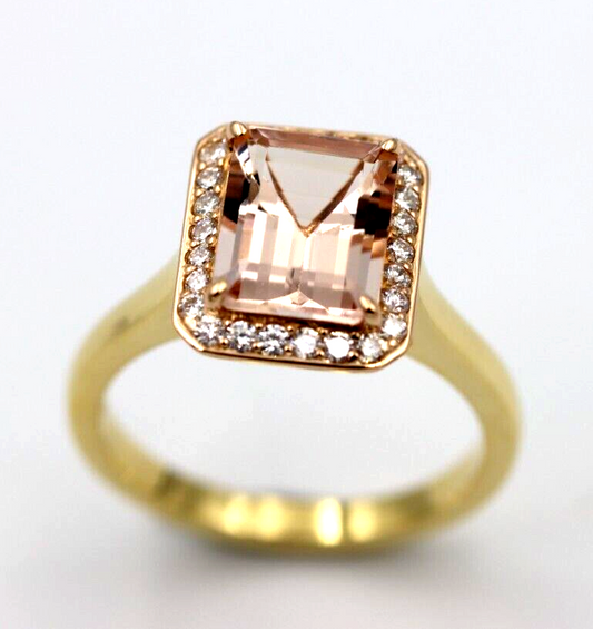 New Genuine 18ct Yellow Gold 2.3ct Emerald Cut Morganite & Diamond Dress Ring - Last one!