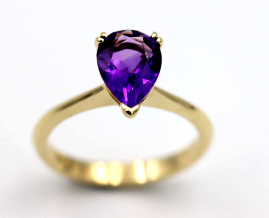 Genuine 9ct Yellow Gold Fancy Teardrop Double Claw Amethyst Ring - Last one!