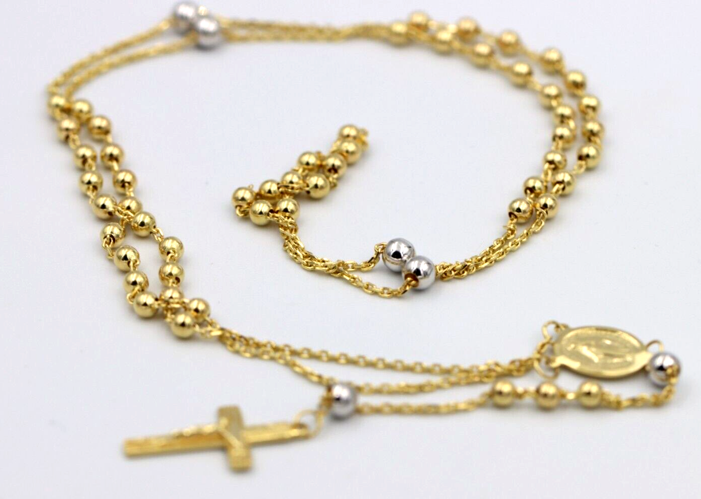 Genuine New 14ct Yellow/White Gold Ball Rosary Bead Chain Necklace Religious