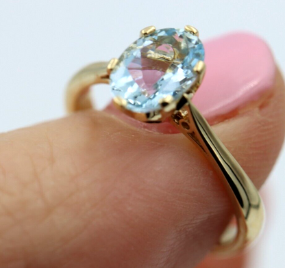 Size O 9ct Yellow Gold Oval Aquamarine Birthstone March Ring - Free post