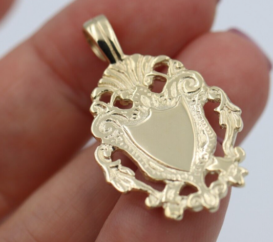 Genuine Solid 9K 9ct Yellow, Rose or White Gold Filigree Shield FOB Pendant