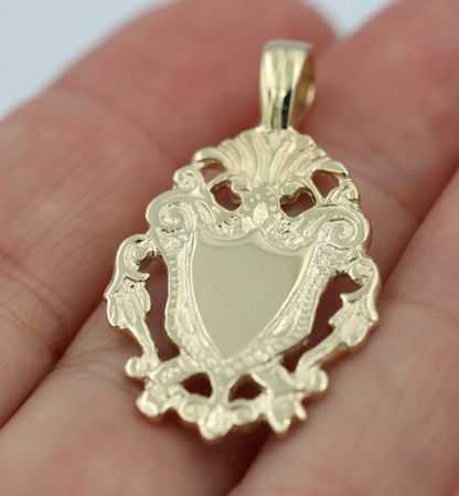 Genuine Solid 9K 9ct Yellow, Rose or White Gold Filigree Shield FOB Pendant