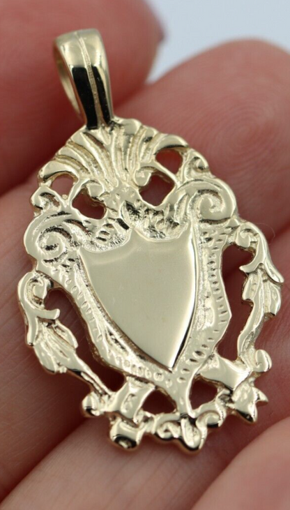 Genuine Solid 9K 9ct Yellow, Rose or White Gold Filigree Shield FOB Pendant